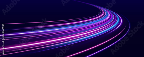 Neon beams speed down a dark road, creating a sense of endless movement. The vibrant colors and glowing lights emphasize the fast pace of modern technology.	