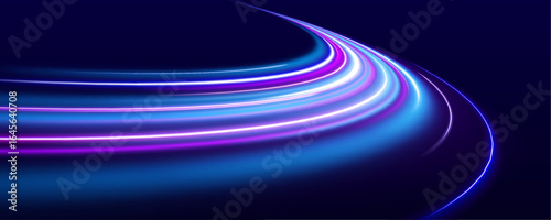 Dynamic abstract vector art with flowing lines in vibrant pink, purple, and blue hues on a dark background. Expressway, the effect of car headlights.	