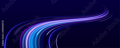 Neon beams speed down a dark road, creating a sense of endless movement. The vibrant colors and glowing lights emphasize the fast pace of modern technology.	
