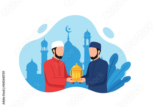 Vector art of two muslim men exchanging a gift in front of a mosque, symbolizing islamic traditions and celebrations like ramadan or eid alfitr