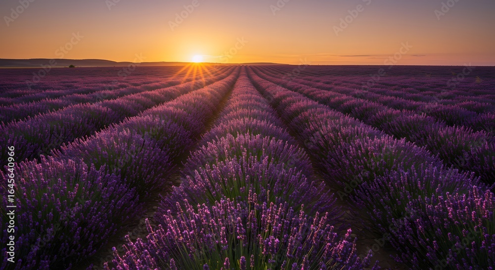 Obraz premium Lavender Field Landscape at Golden Sunset