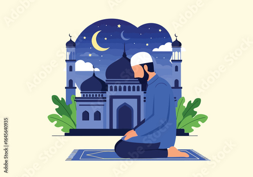 Vector art of a muslim man praying on a mat in front of a mosque under a starry night sky with a crescent moon
