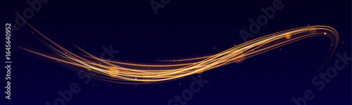 Shine magic gold swirl with flare sparkles. Yellow swirl, curved curve effect. Fire comet flying. Shining lights in motion with small particles.	