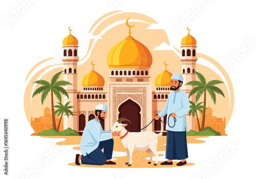 Vector art of eid mubarak islamic festival celebration with muslims and goat in front of mosque architecture