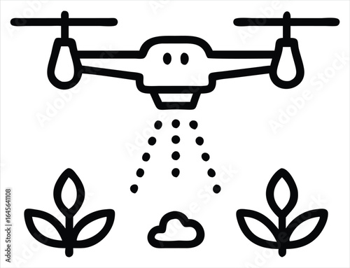 Modern agricultural drone spraying crops with precision technology for efficient farming and sustainable agriculture practices in a stylized line art illustration