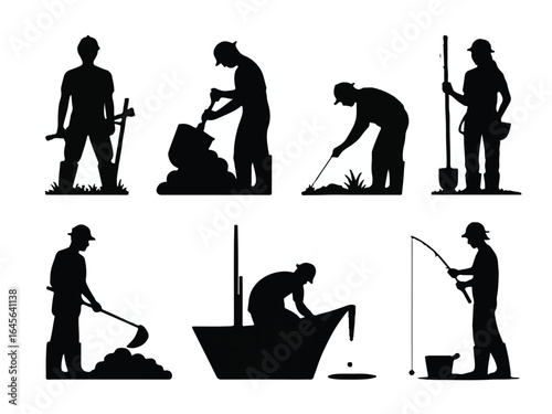 Silhouettes of men working and fishing male worker