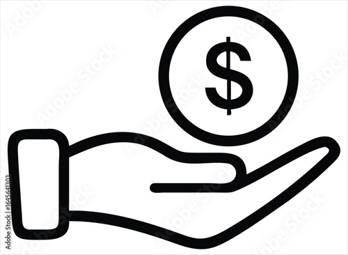 Simple line art icon of an open hand holding a dollar coin symbolizing financial assistance, giving, receiving, or earning money and wealth