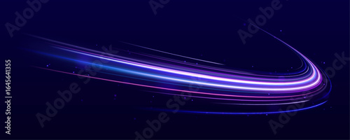 Vibrant neon waves on dark backdrop, ideal for modern design projects. Neon color glowing lines. Electric car and city concept Hitech communication concept innovation background, vector design.	