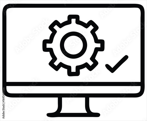 A computer screen displaying a gear icon and a checkmark representing successful system configuration technical setup or operational efficiency in a digital environment