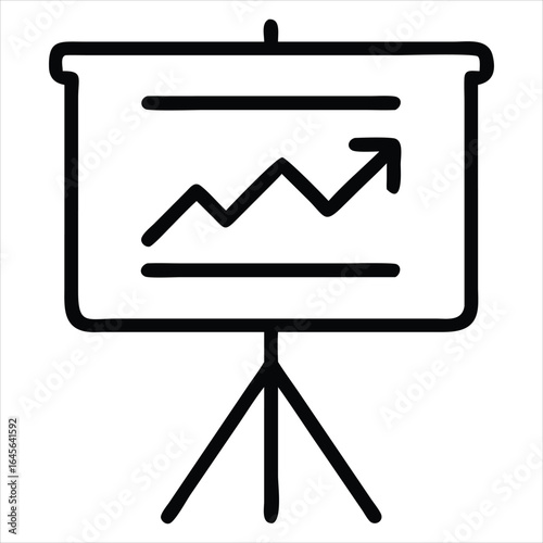 Simple outline icon of a presentation whiteboard on a tripod stand displaying an upward trending line graph with an arrow indicating growth and progress