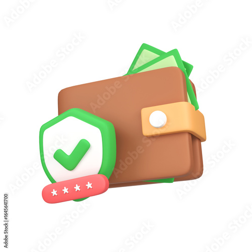 Online wallet and protection shield isolated 3d render icon illustration