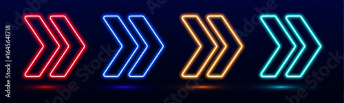 Set of glowing neon arrows-pointers on a black background. Arrows-pointers on a high-speed motorway, computer game, speed arrow. Road direction sign.