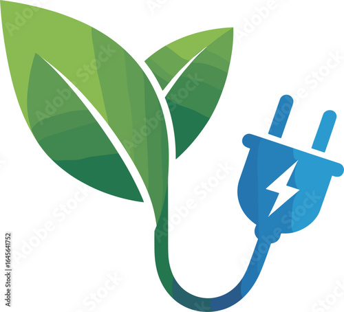 Green leaves connected to a blue electrical plug with lightning bolt symbol energy electricity
