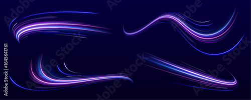Set of bright neon speed lines. High speed effect motion blur night lights in blue and red colors, abstract flash perspective road glow streaks long time exposure vector set on transparent background.
