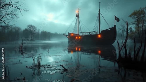 Wallpaper Mural Eerie Pirate Ship on Misty Waters: A Spooky Adventure Awaits on the Haunted Sea Torontodigital.ca