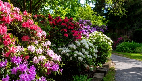 Fototapeta Naklejka Na Ścianę i Meble -  Vibrant multicolored rhododendrons line a garden path, bathed in sunlight