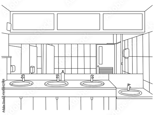 Hand line drawing of washbasin and mirror,bathroom sink basin and mirror,washing hands at sink in public toilet,children's and adult sink in public toilet,vector illustration bathroom sink.