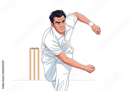 Intense cricket bowler in mid swing delivering the ball with focus and power crisp clean lines and