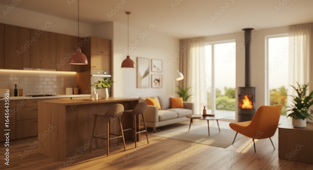 Fototapeta premium Modern zoom backgrounds featuring open concept design, highlighted by warm lighting.