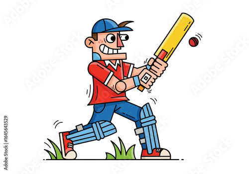 A determined cricketer swings with might at the ball in a vibrant illustration style sporting gear