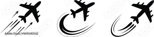Three black airplane icons with motion lines and swooshes aircraft travel