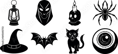 Halloween vector silhouette set with spooky icons and elements. Collection of halloween vectors