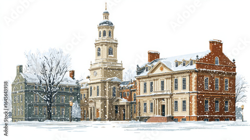 Snowfall historic building winter cityscape with clock tower and bare trees in cold season landscape