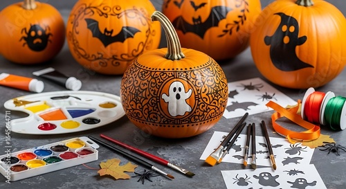 Creative halloween pumpkins decorated with spooky ghost and bat drawings, paint brushes and art supplies on a table, perfect for festive autumn holiday decoration