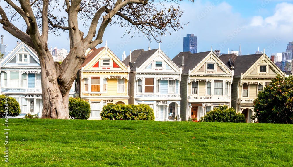 Obraz premium Vibrant painted Victorian houses line a grassy park, a large tree in the foreground