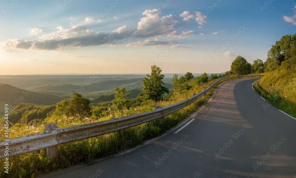 Fototapeta premium Scenic winding road through rolling hills at sunset