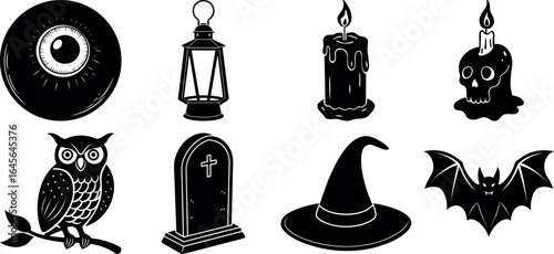 Halloween vector silhouette set with spooky icons and elements. Collection of halloween vectors