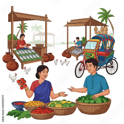 Colorful Vector Illustration of a Bangladeshi Village Market