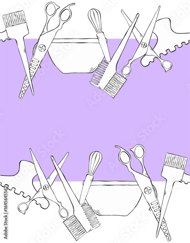 Hair color Salon seamless horizontal border frame template. Vector graphic line ink illustration. background for banners, print for fabric, labels, t-shirt printing. For logo, web, package, sticker.