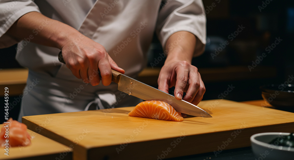 Obraz premium Sushiman preparing salmon sashimi