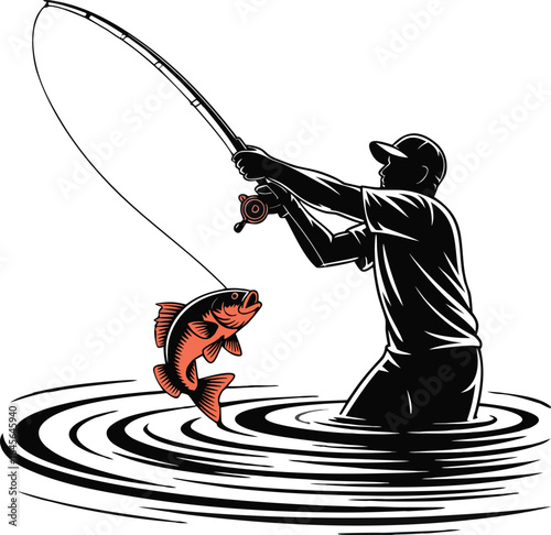 Silhouette of Fisherman Landing a Fish
