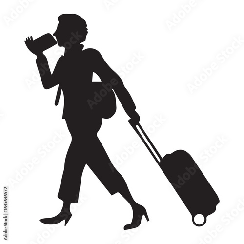 Silhouette of a businesswoman traveling with a suitcase and drinking coffee isolated on white background