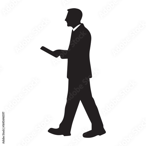 Silhouette of a businessman walking and holding a document isolated on white background