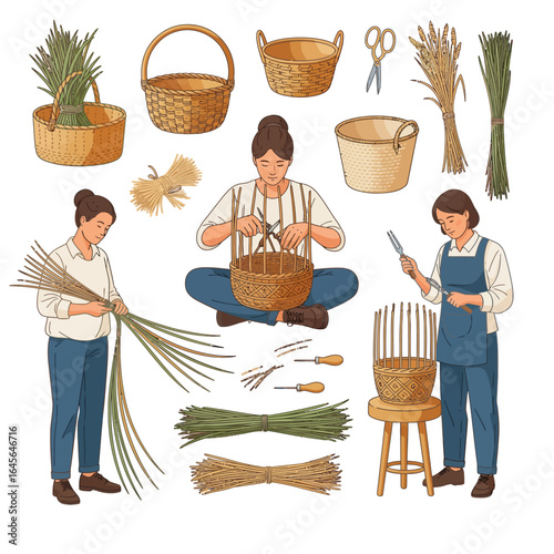 Craftspeople Weaving Baskets and Other Handicrafts