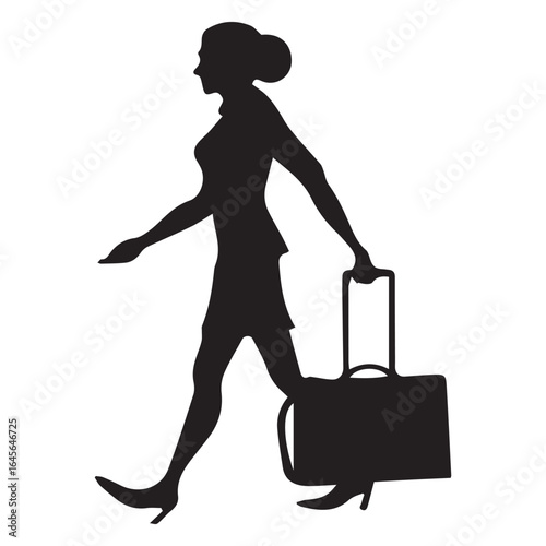 Silhouette of a traveler with luggage isolated on white background