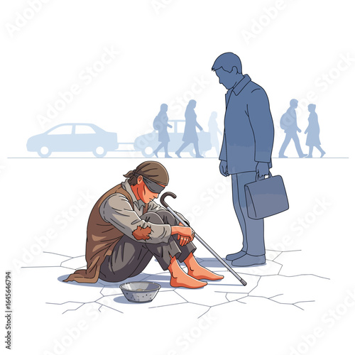 
Blind Beggar on Street with a Businessman Passing By