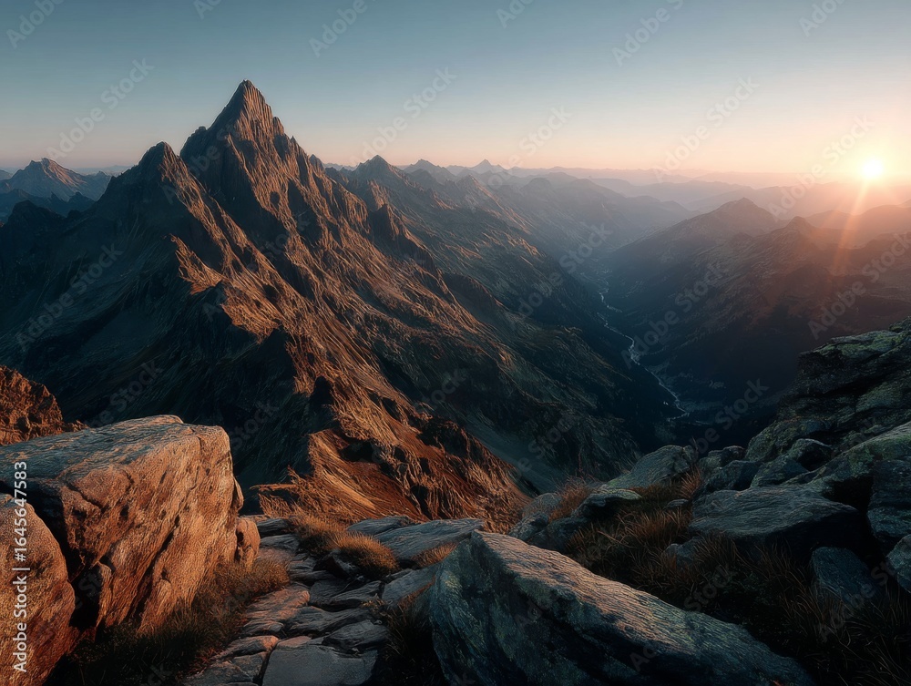 Fototapeta premium Dramatic mountain range at sunset, with sharp peaks casting long shadows into the valley below, illuminated by warm golden light