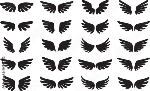 A collection of various stylized wing designs, including feathered angel wings and abstract birdlike shapes,  representing concepts of flight, freedom, and divinit