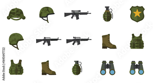 Military equipment icons collection including weapons and gear