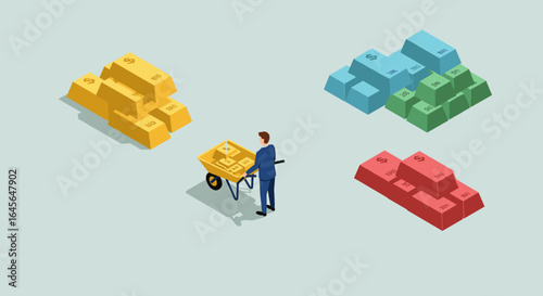 Isometric financial strategy: man with wheelbarrow and gold bars in diverse colors