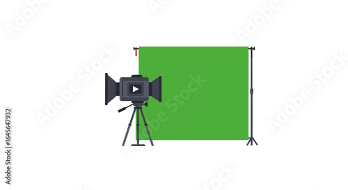 Flat style photography studio setup with green screen and camera equipment