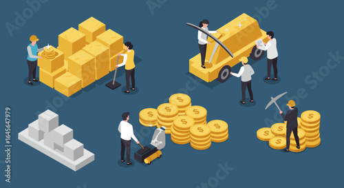 Isometric businessmen and workers managing gold and silver assets