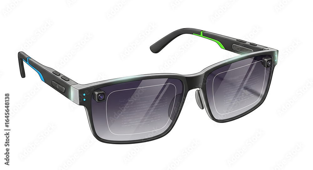 A pair of futuristic smart glasses with integrated cameras and blue and green accents on a black background on transparent background A pair of futuristic smart glasses with integrated cameras and blue and green accents on a black background on transparent background