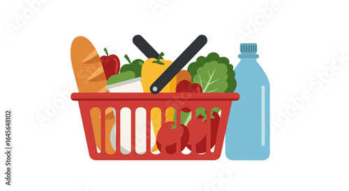 Flat design grocery basket with vegetables and bottle