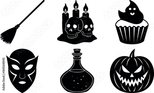 Halloween vector silhouette set with spooky icons and elements. Collection of halloween vectors