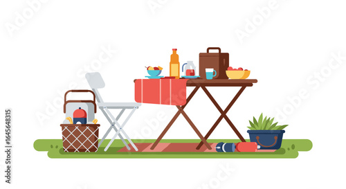 Cozy outdoor picnic set with foldable chair and table on grass